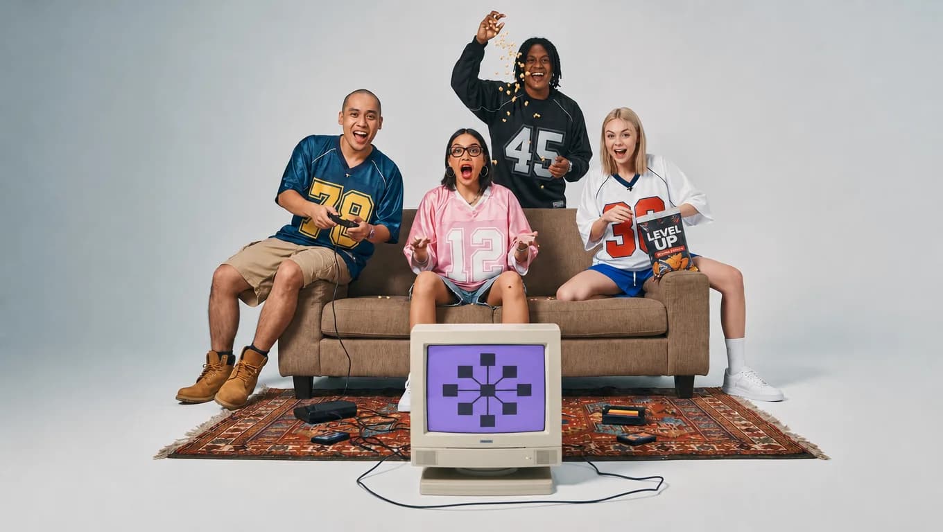 Four friends in sports jerseys cheer on a sofa, popcorn mid-air, around a retro CRT monitor showing the AgentDocks node mark on a purple screen.