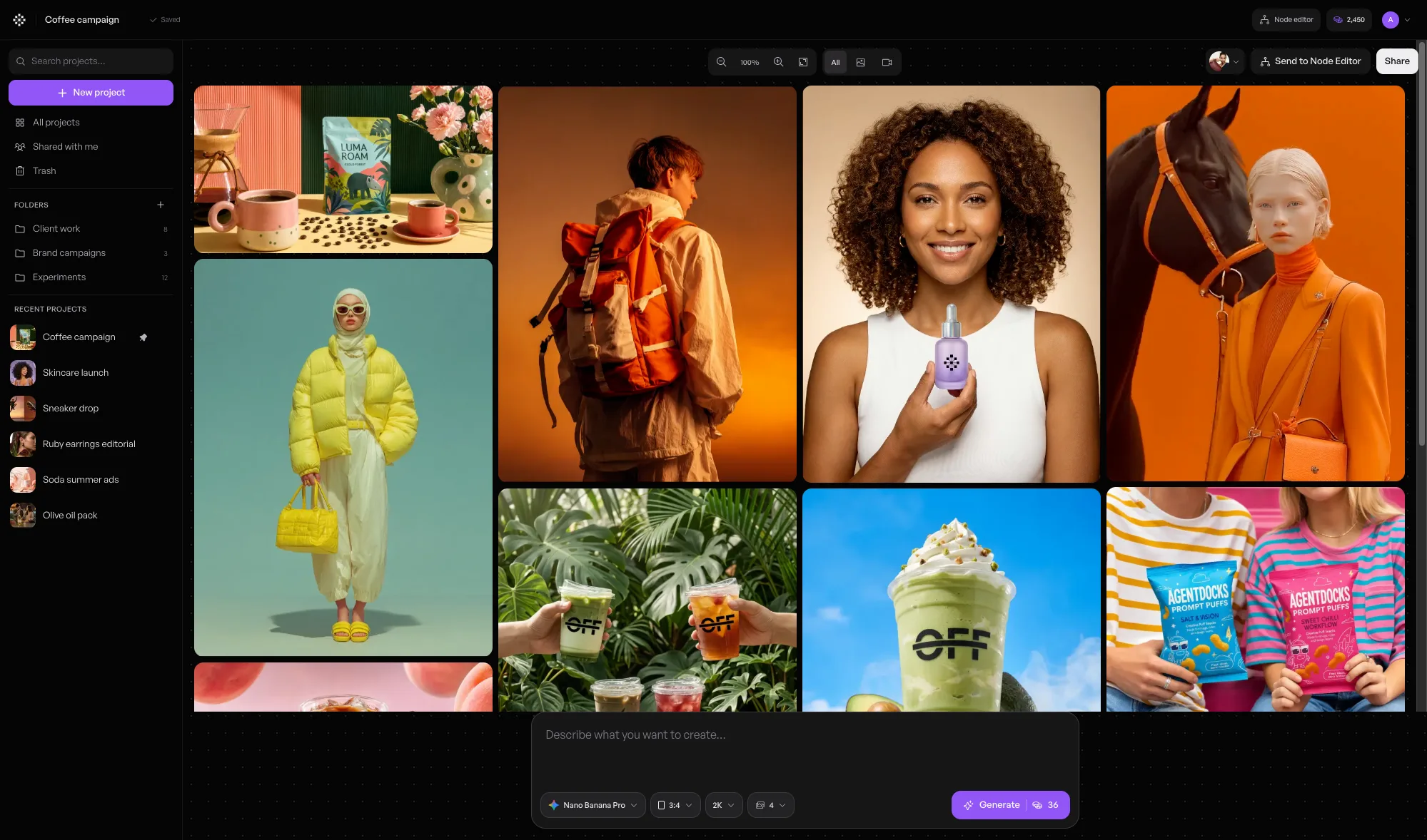 Create Studio showing a project feed, generation controls, and visual results