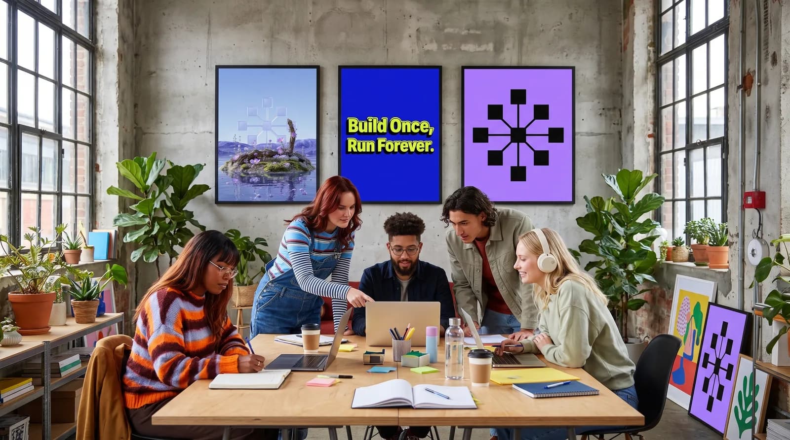An agency team reviewing creative work together