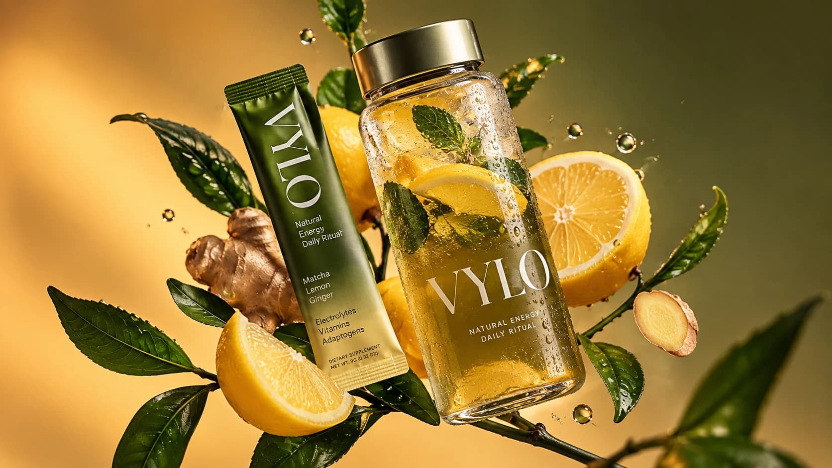 A natural energy drink bottle and a green sachet floating among lemon slices, ginger root, tea leaves and water droplets on a warm golden background