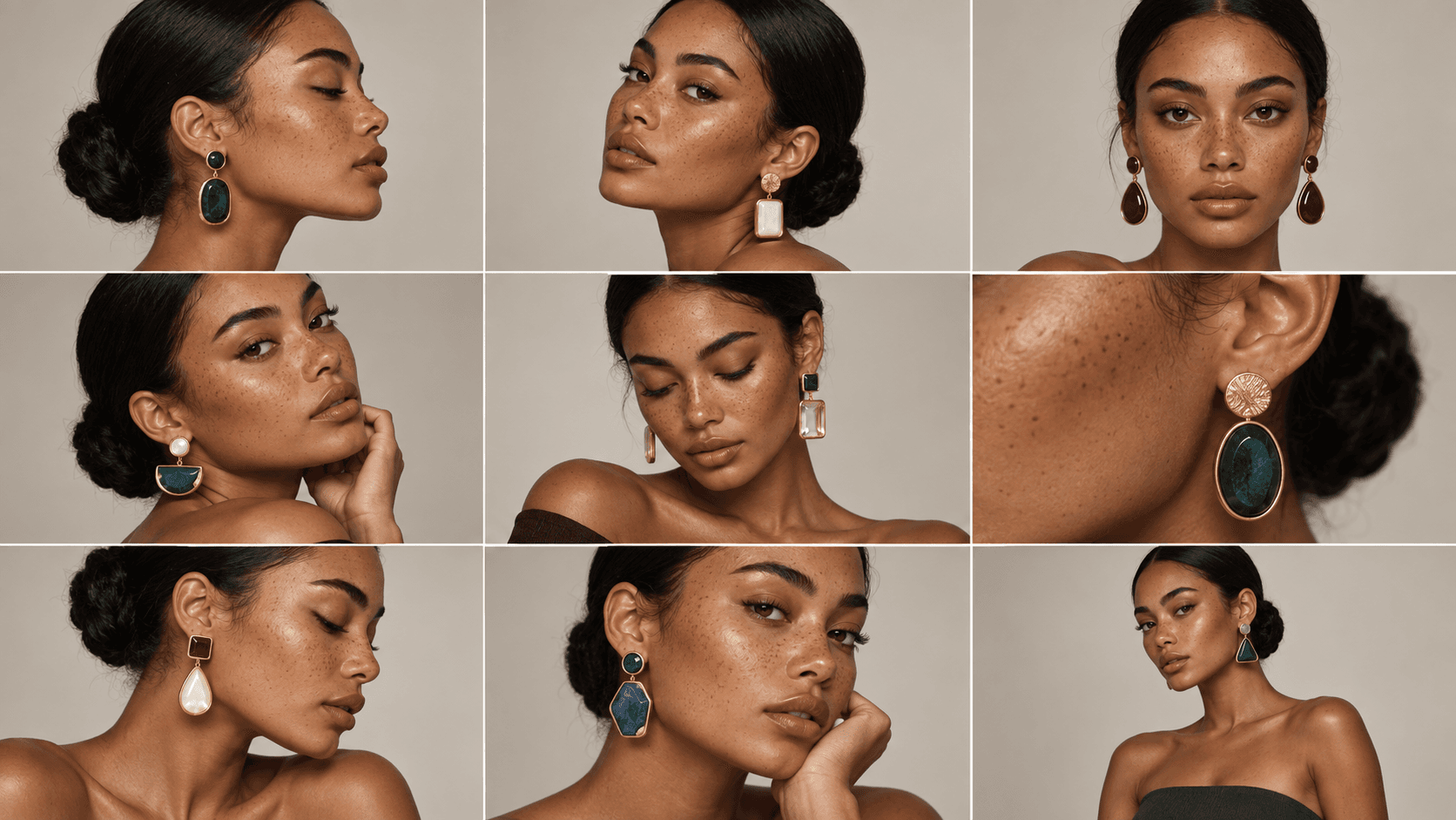 A panel editorial collage featuring a woman modeling different gold earrings against a soft neutral background.