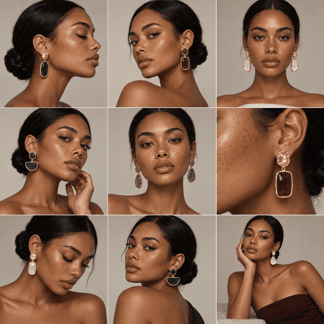 A panel editorial collage featuring a woman modeling different gold earrings against a soft neutral background.