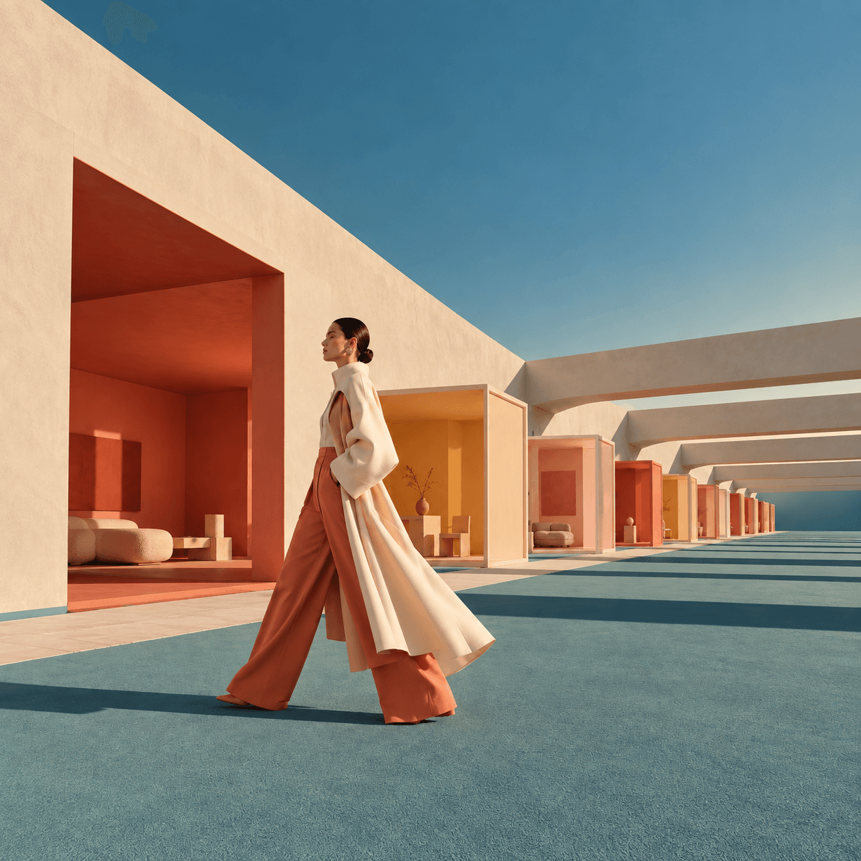 A woman in a flowing cream coat and wide rust-colored trousers walks through a minimalist architectural corridor.