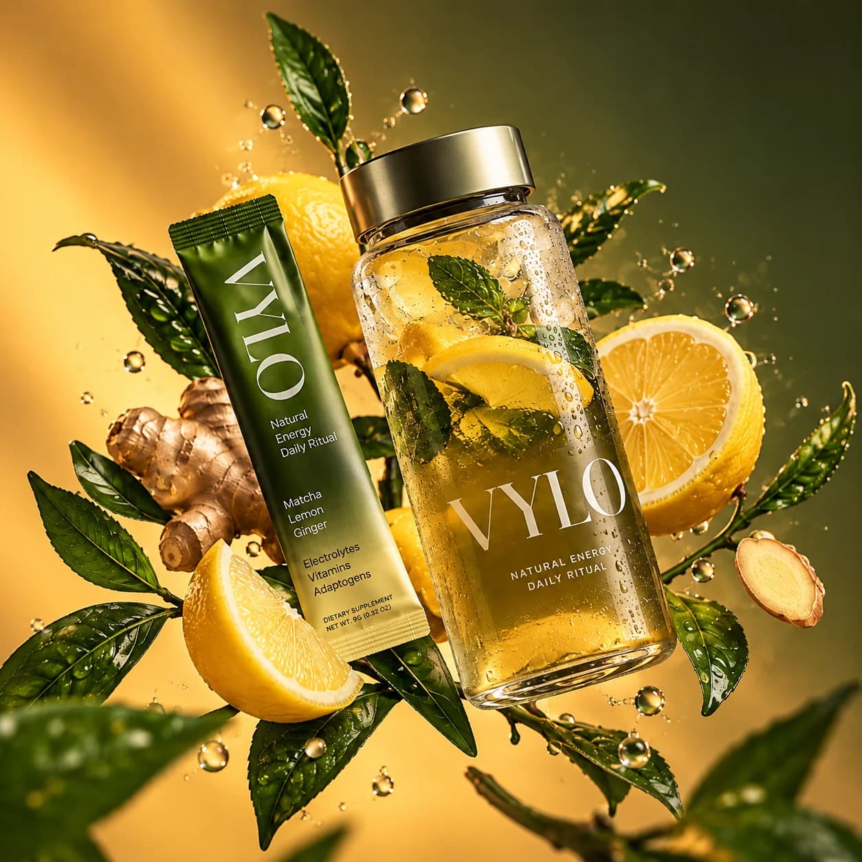 A natural energy drink bottle and a green sachet floating among lemon slices, ginger root, tea leaves and water droplets on a warm golden background