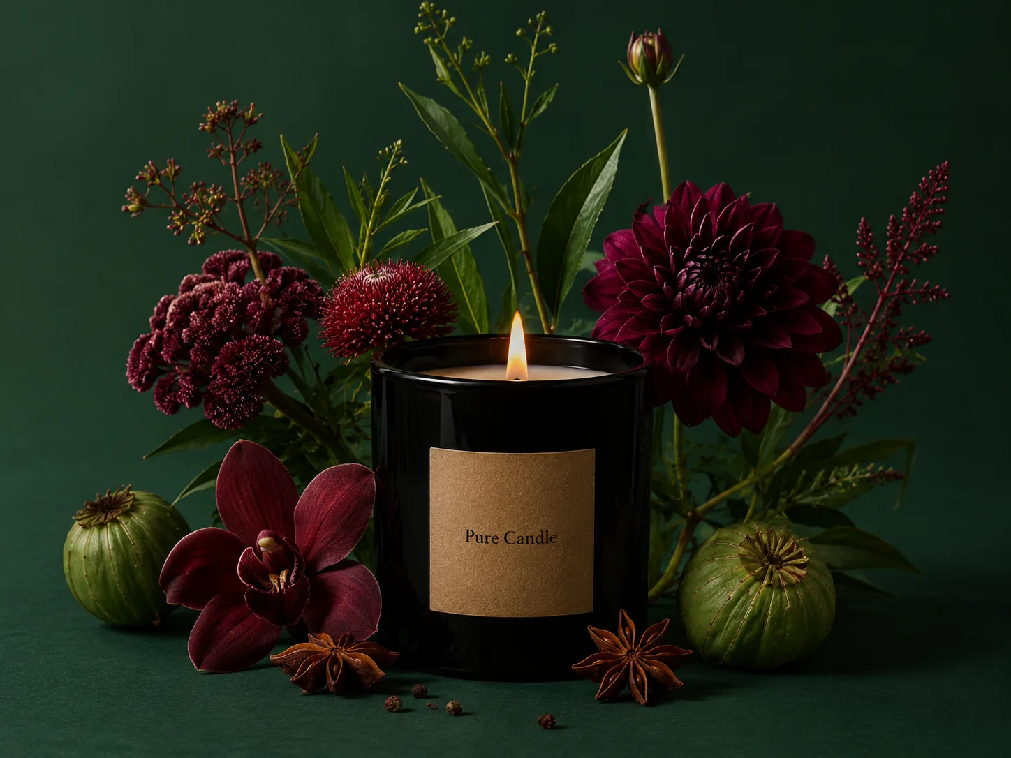 Candle in a black jar among dark red dahlias and orchids