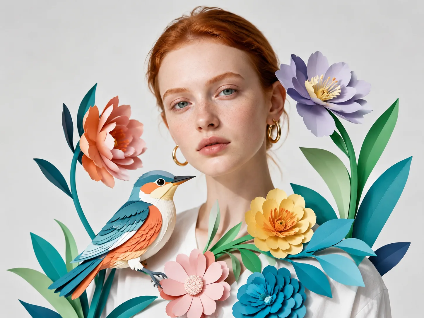 Red-haired woman surrounded by paper-craft flowers and a bird