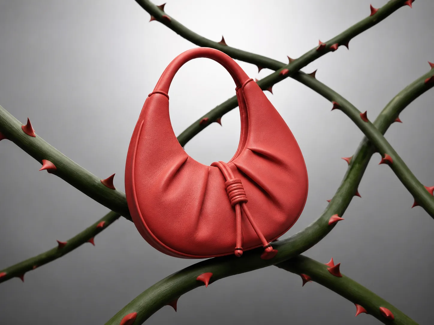 Red leather handbag hanging on thorny stems against a grey backdrop