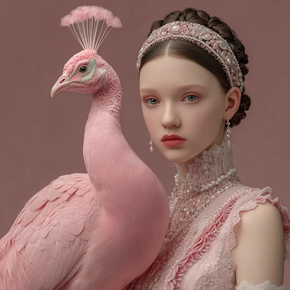 Model in pink lace beside a pink peacock with a feathered crest