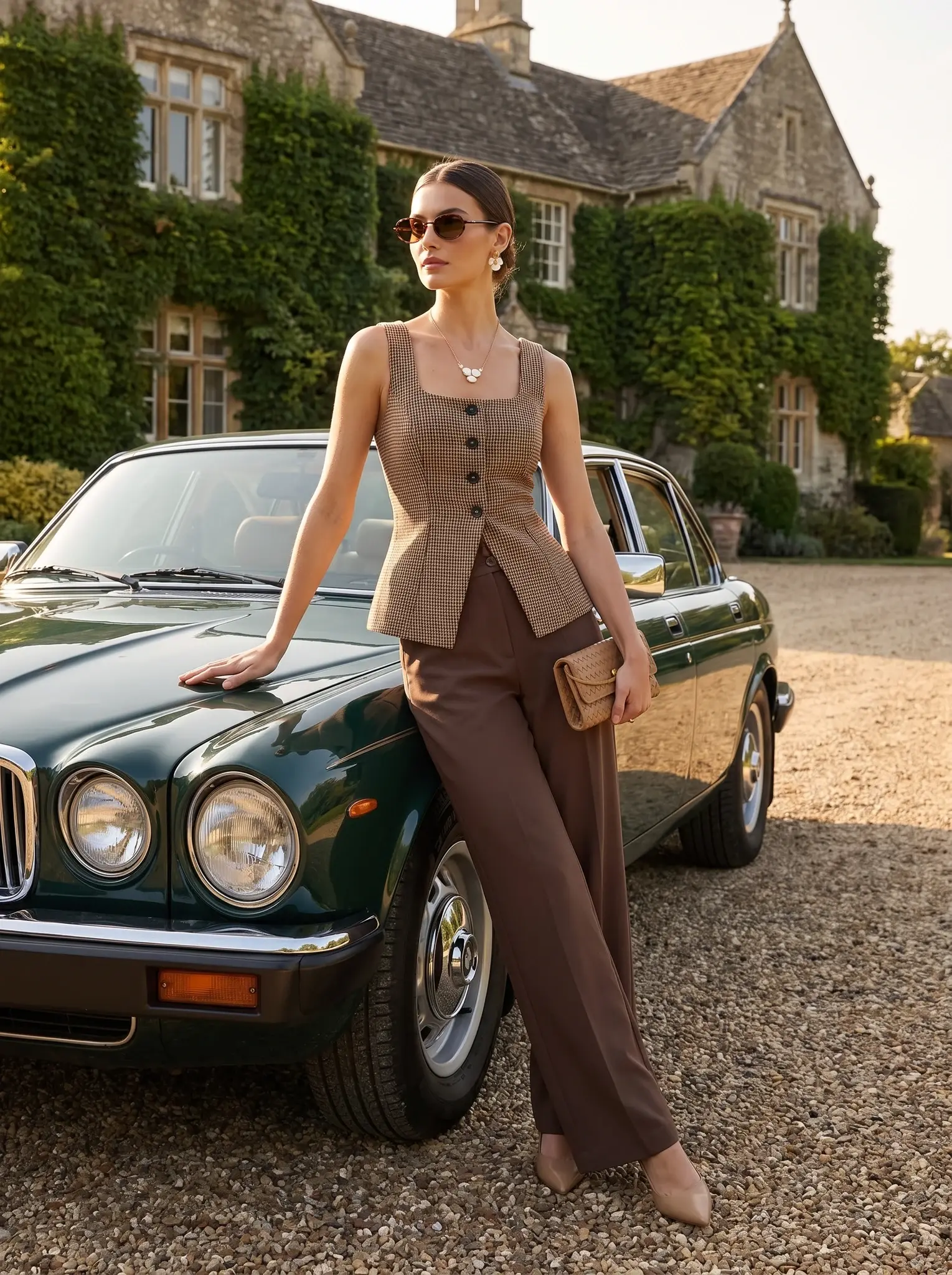Woman in a tailored waistcoat leaning on a green vintage car outside a stone manor