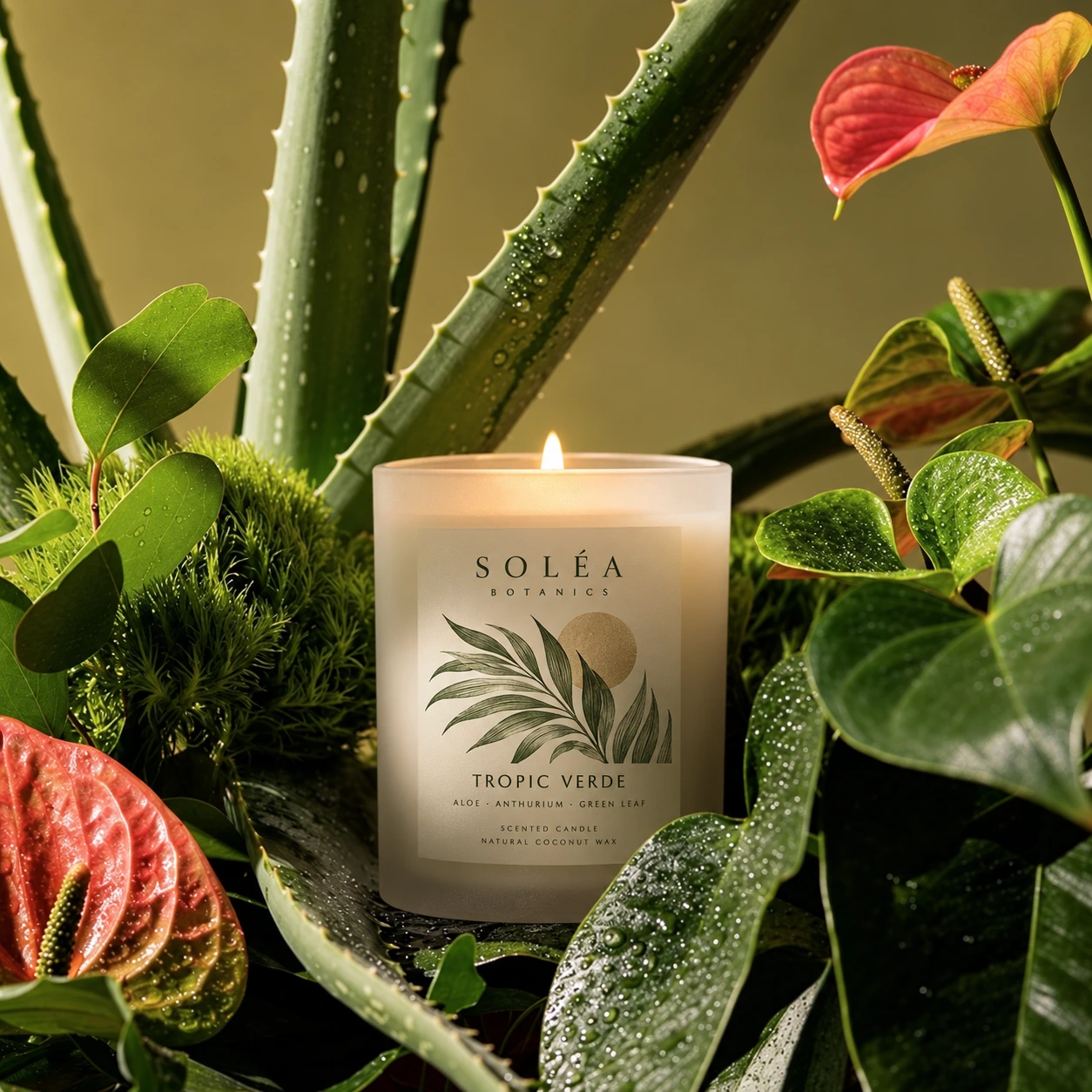 Scented candle among aloe, anthurium flowers and wet green leaves
