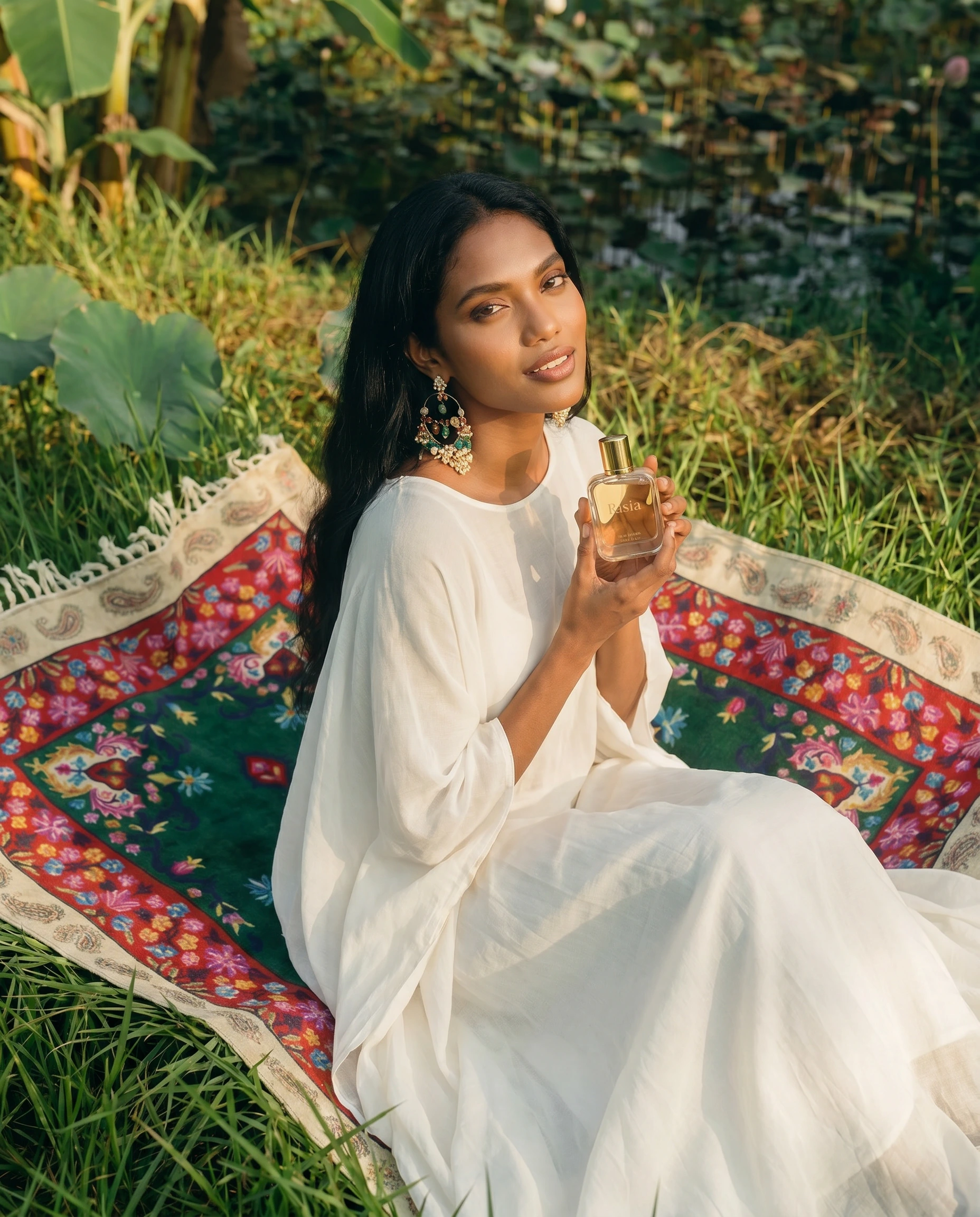 Woman in a white dress holding a perfume bottle on a patterned rug in a garden