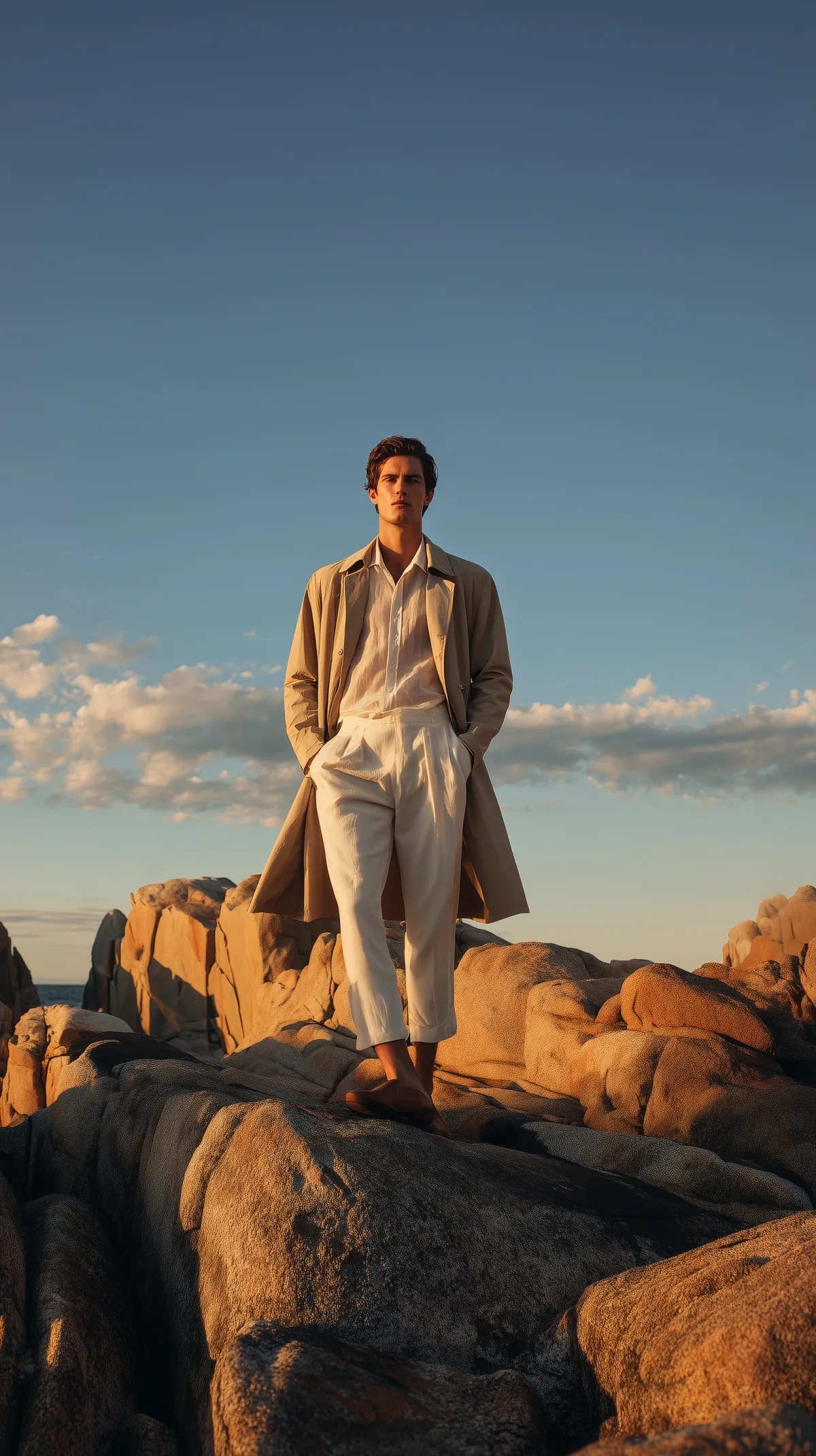 Man in a beige coat standing on coastal rocks at sunset