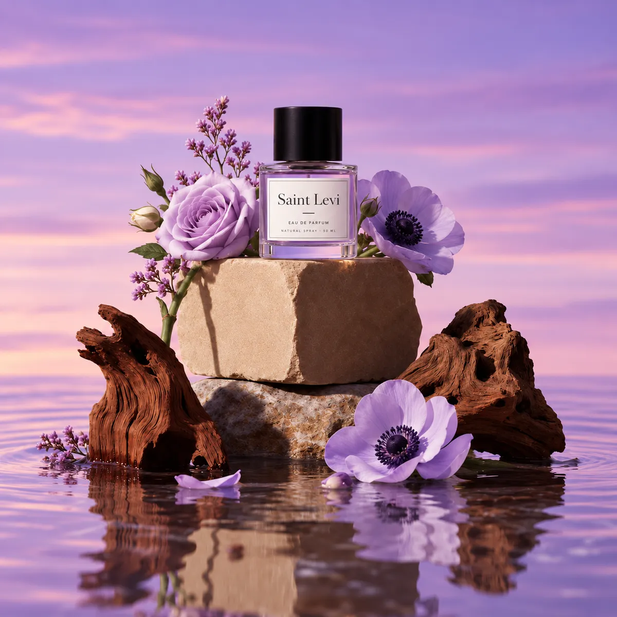 Perfume bottle on a stone with lilac flowers and driftwood over still water