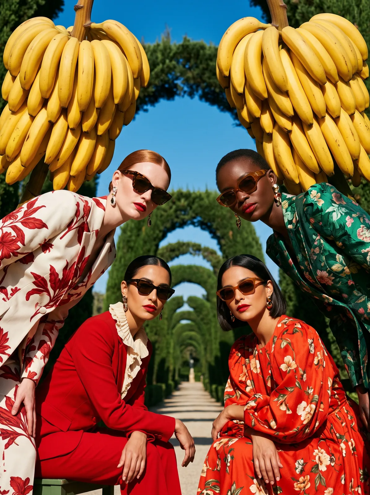 Four women in red, cream and green floral outfits and sunglasses leaning into frame under hanging bunches of bananas in a clipped formal garden, made with Nano Banana 2.1 on AgentDocks