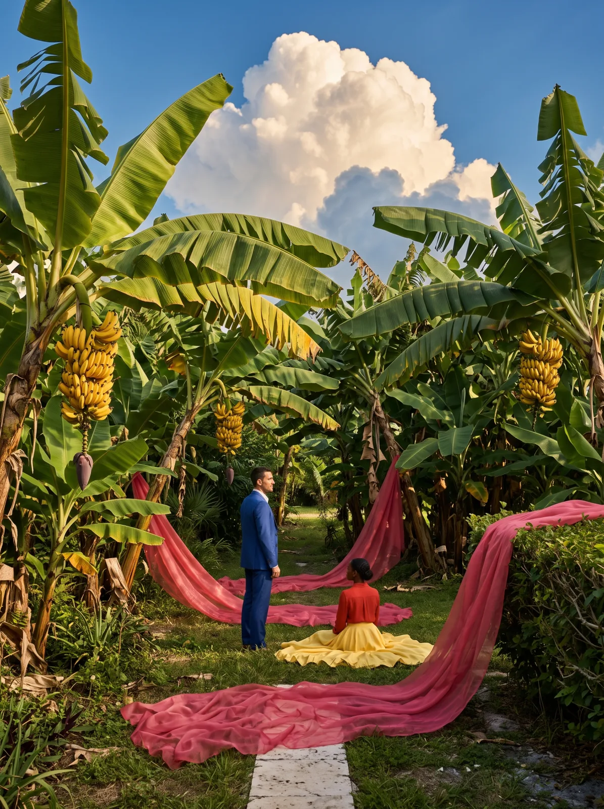 A man in a blue suit and a woman in a red top and yellow skirt in a banana grove, with long pink fabric trailing through the trees under a tall white cloud, made with Nano Banana 2.1 on AgentDocks