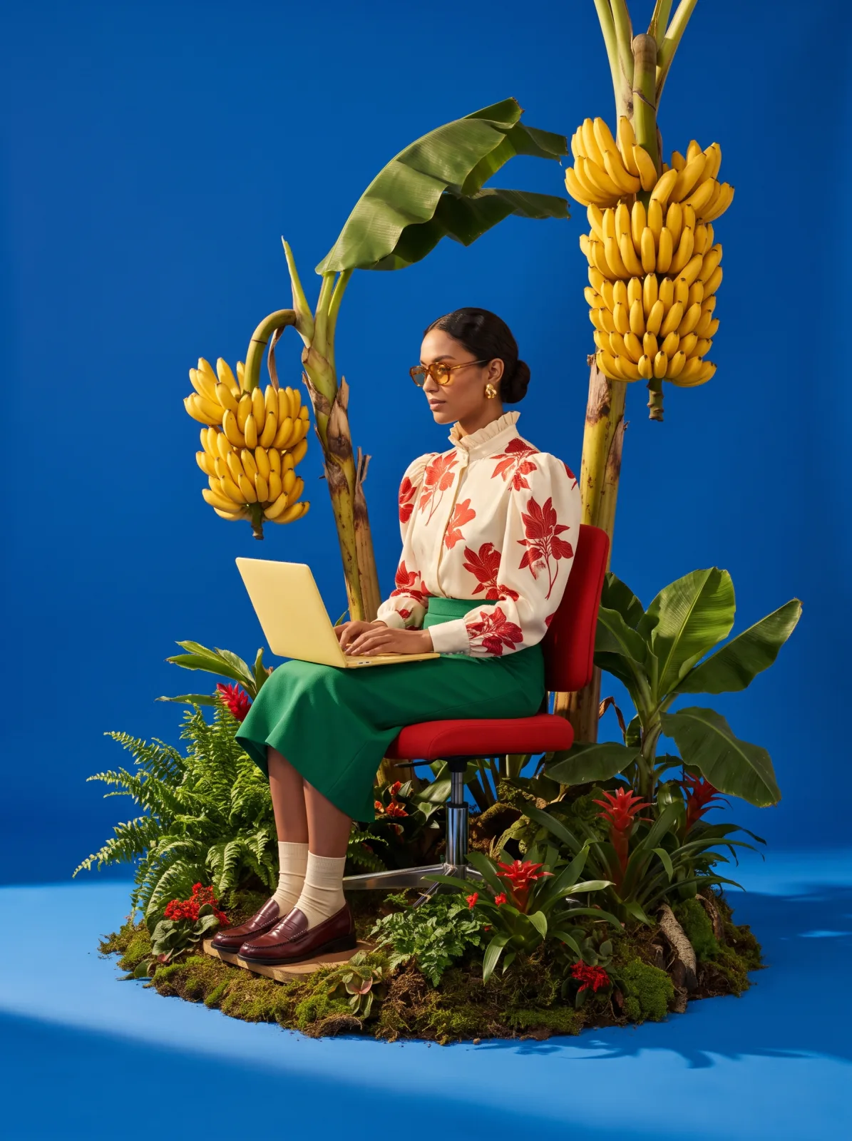 A woman in a floral blouse and green skirt typing on a yellow laptop in a red chair on a mossy island of banana plants, against a solid blue studio backdrop, made with Nano Banana 2.1 on AgentDocks