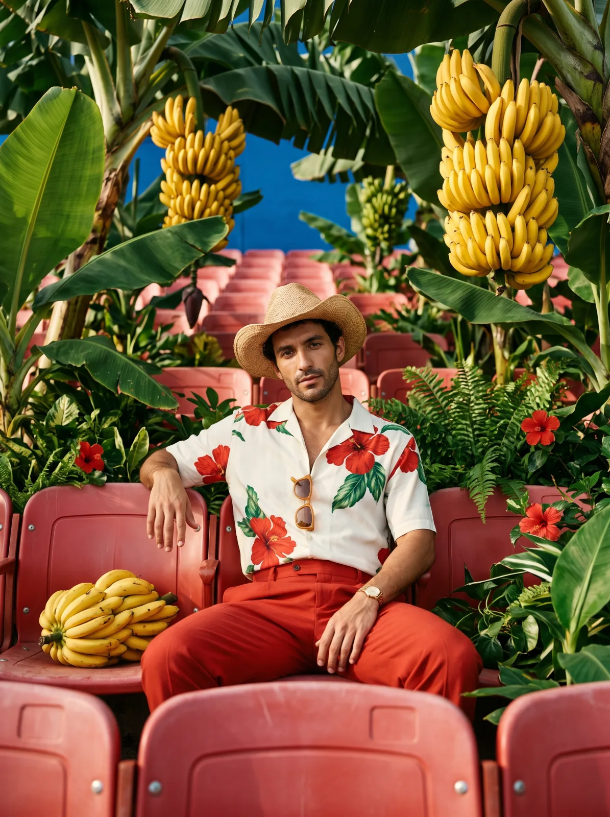 A man in a straw hat and red hibiscus shirt sitting in red stadium seats overgrown with banana plants and flowers, made with Nano Banana 2.1 on AgentDocks